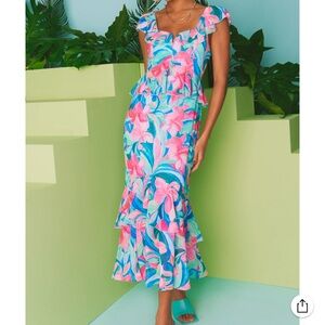 Show Me Your MuMu Pink & Blue Floral Ruffle Midi Dress